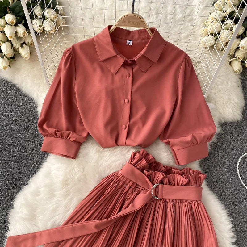 Puff Short Sleeve Shirt+Pleated A-line Short Skirt Two Piece Set