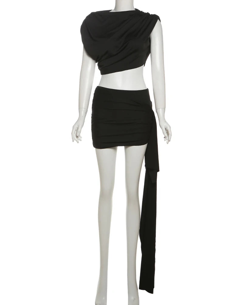 Irregular Ruched Two Piece Set Tank Tops+Side Ribbon Skirts Matching Set
