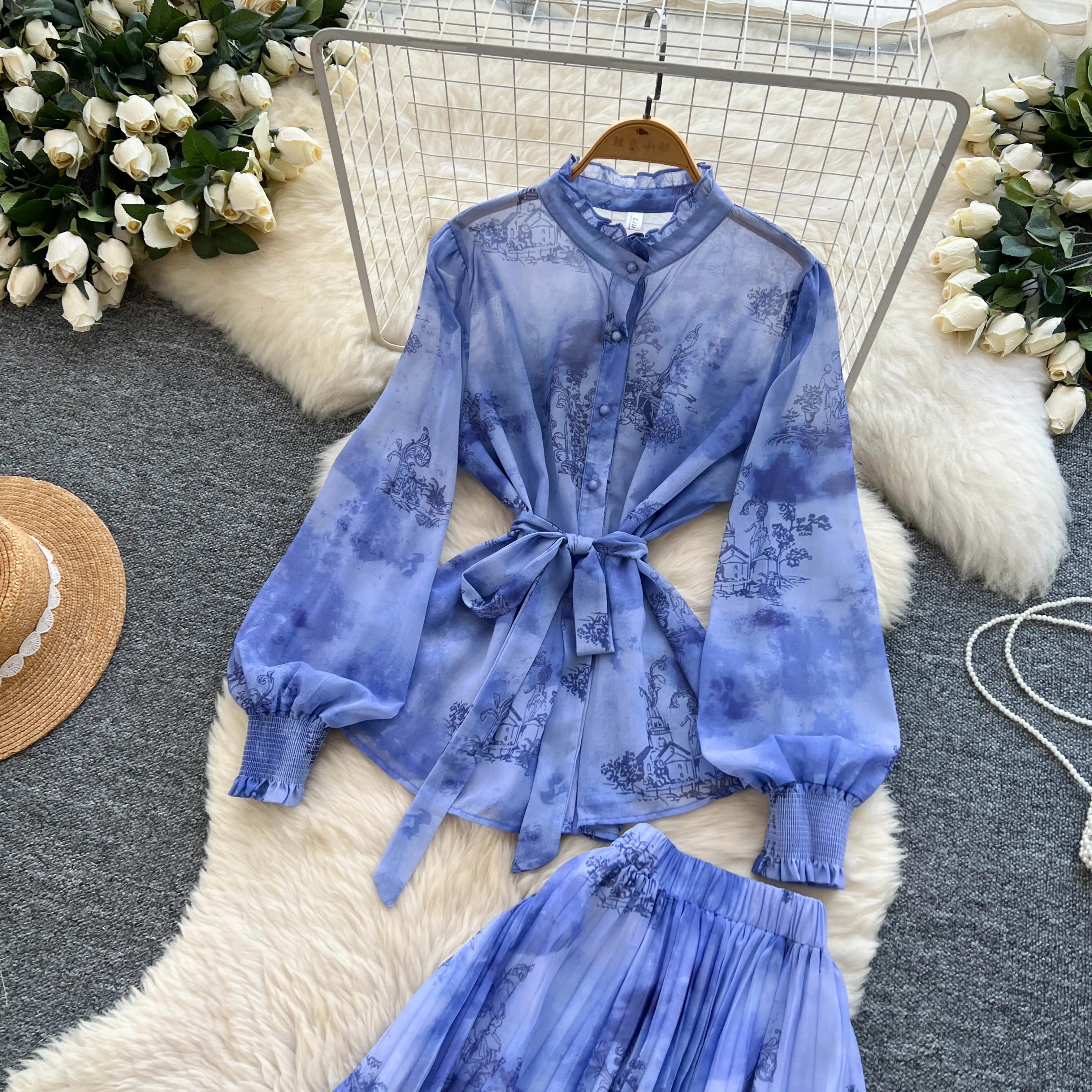 Lantern Sleeves Lace Up Loose Tops+Pleated Skirt Floral Chiffon Sets