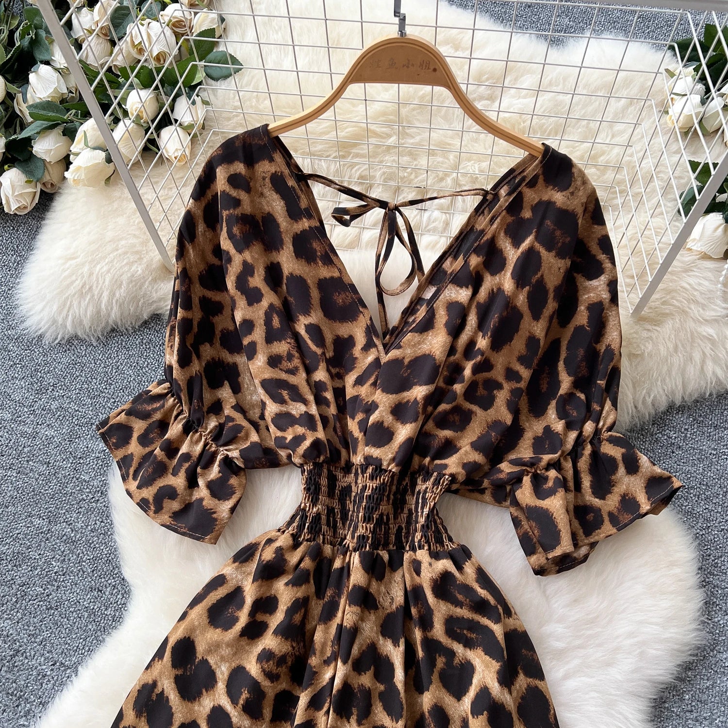 Flared Sleeves Elastic Waist Slim Fit Leopard Print Long Rompers Jumpsuit
