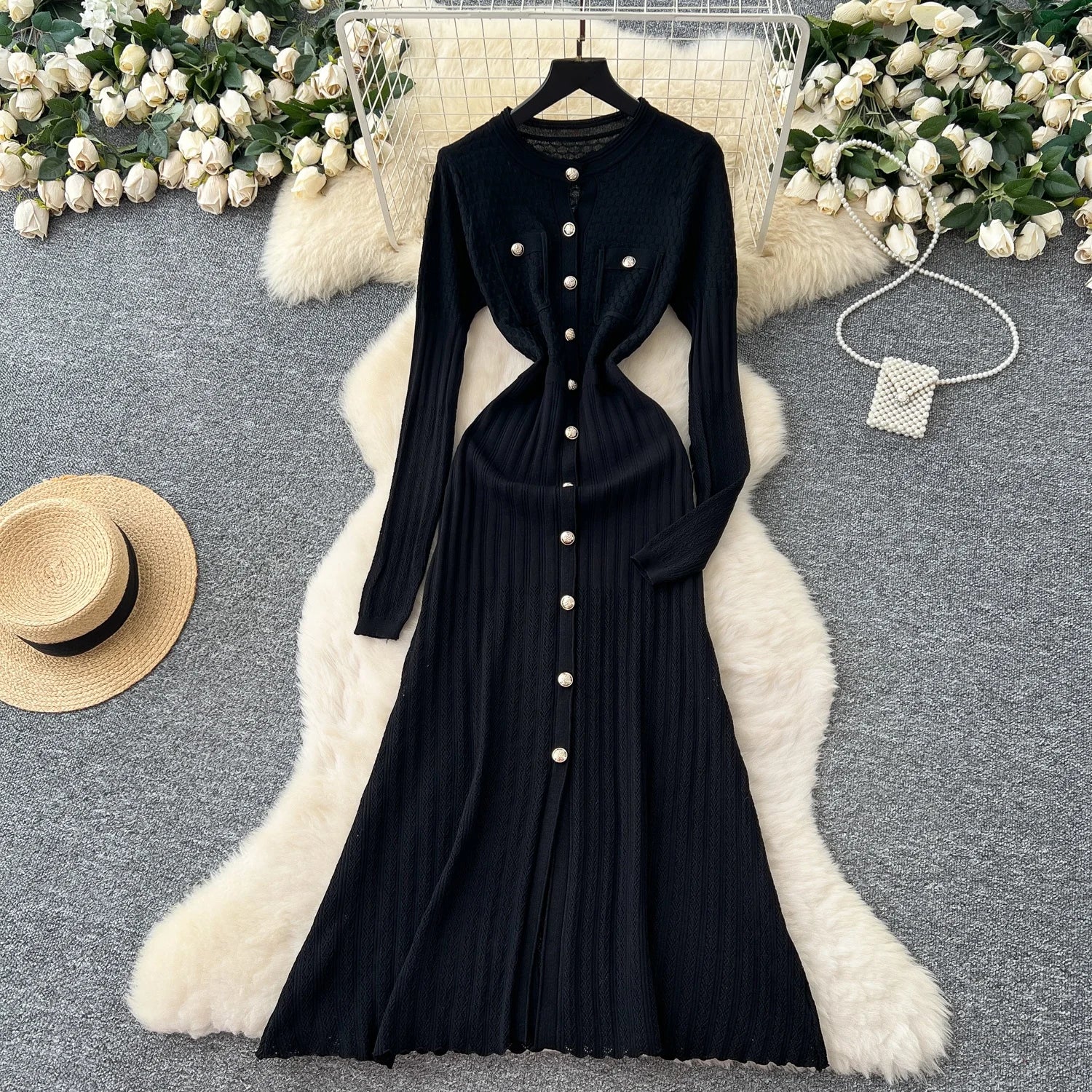 High-Waisted Knitted Long Autumn Hollow out Dress