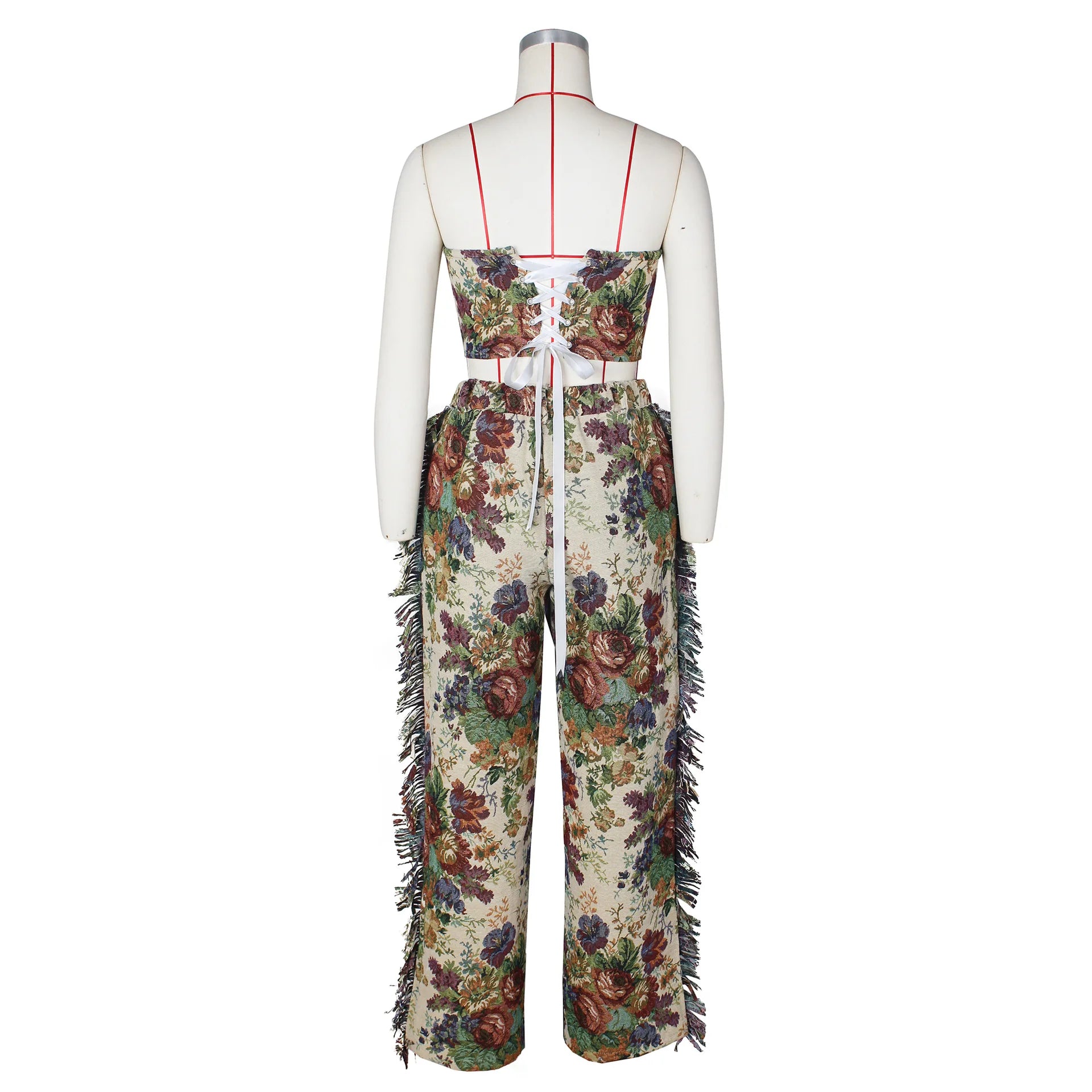 Strapless Top and Wide Leg tassel Pants Two 2 Piece Set