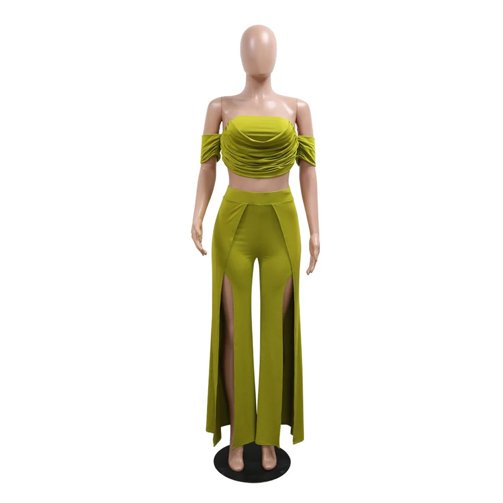 Short Sleeve Slash Neck Ruched Tops and Wide Leg split Pants Two 2 Piece Sets Outfit