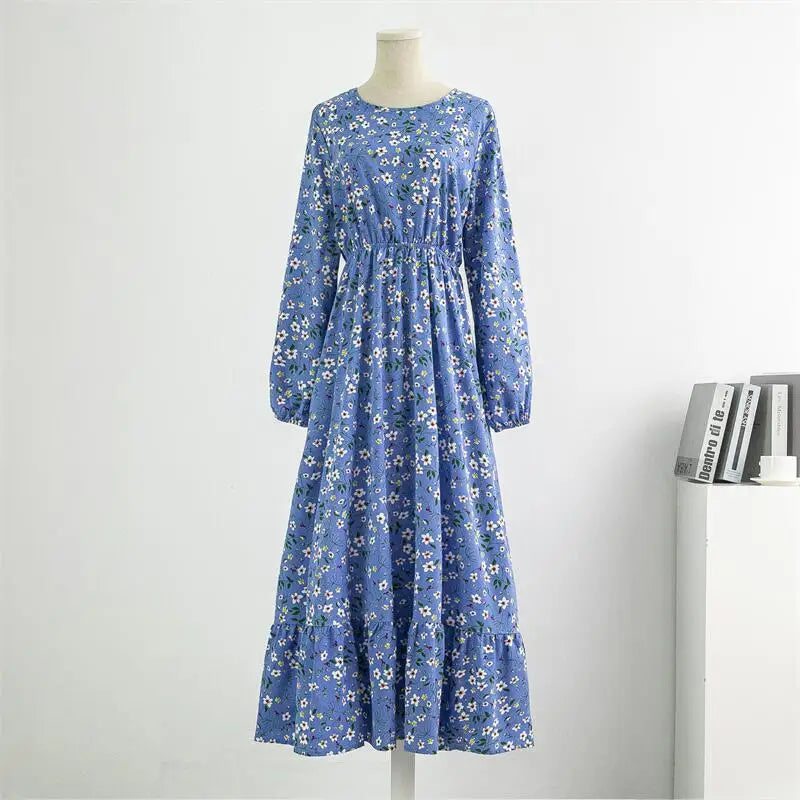 Spring Summer Chiffon Dresses Casual Floral Printed Bark Crinkling Long Dresses