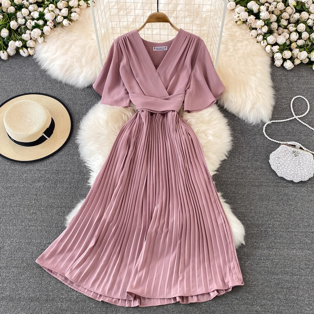 V-neck Pleated Dress