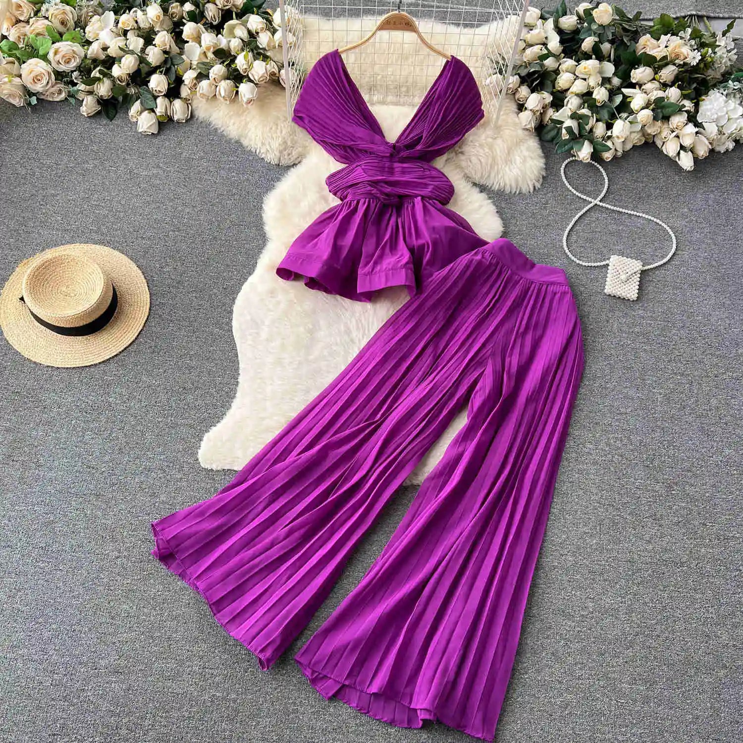 High End Elegant Pleated Sleeveless Chiffon Top+High Waist Wide Leg Pants Two Piece Set