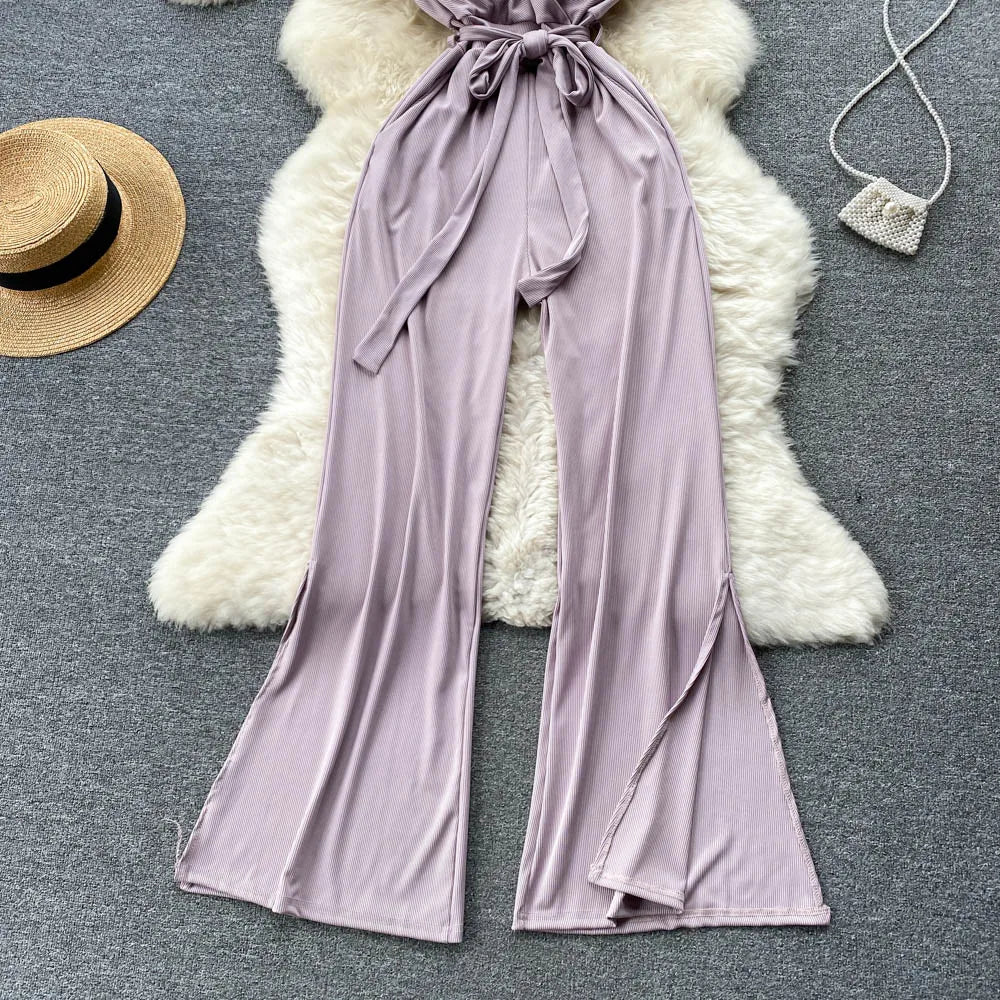 V Neck Casual Bow Fashion Strap Knitted Backless Jumpsuits