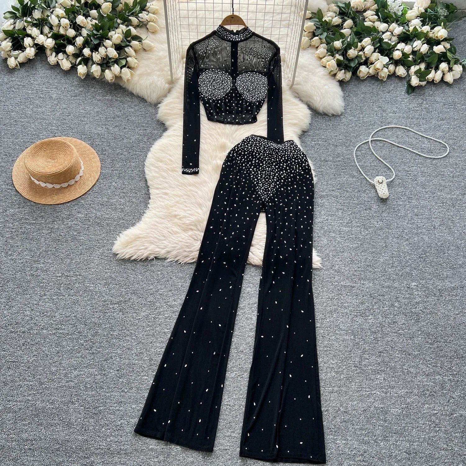 See Through Mesh Rhinestone Chic Two-piece Sets