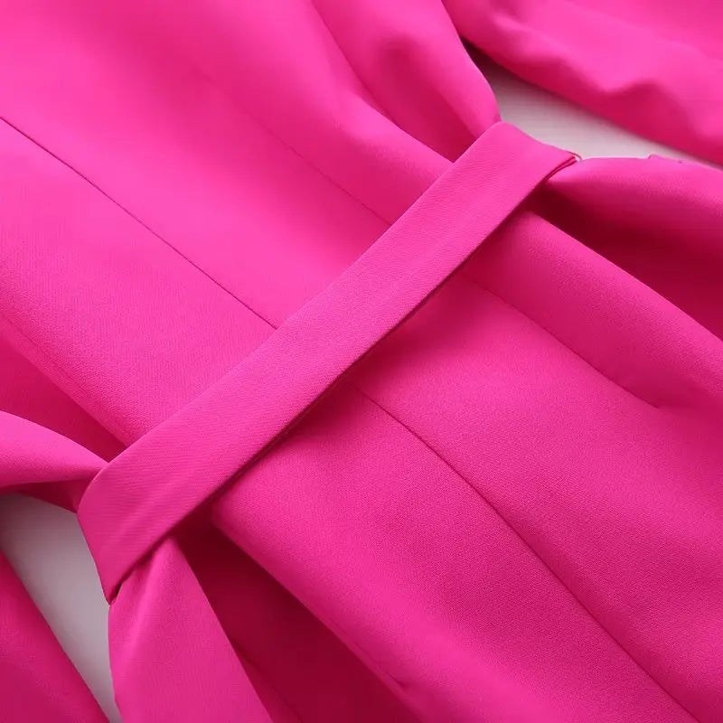 Long Sleeve Belt Bow Blazers Suit Coat Chic Female High Waist Trousers Two Piece Sets
