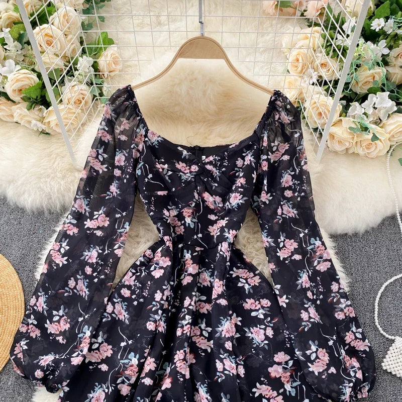 V-neck Puff Sleeves Folds Slim Floral Wide-leg Playsuit Jumpsuit