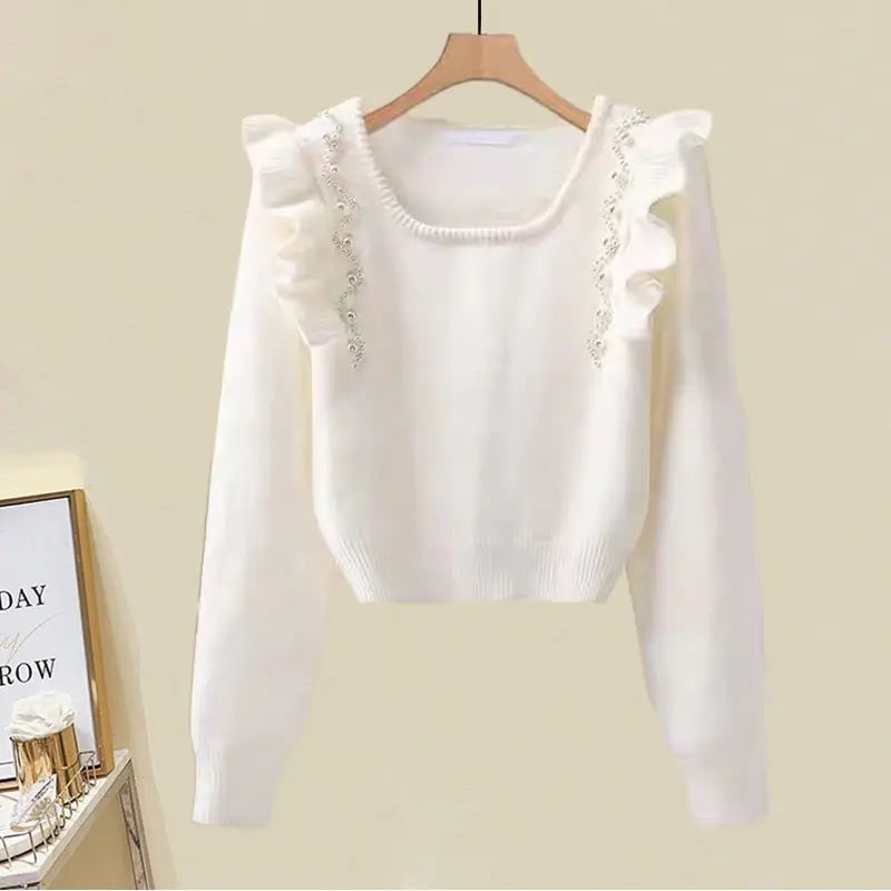 French Elegant Pearl Ruffle Beaded Sweater Top Knitted Shirt Split Half Skirt Two Piece Sets