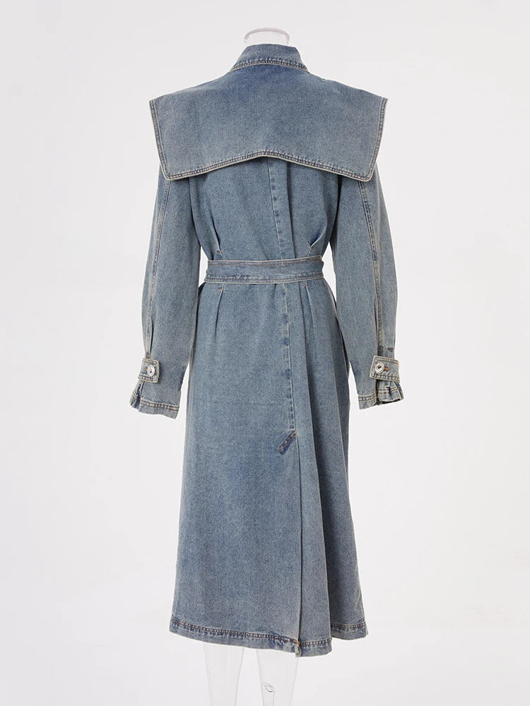 Blue Denim Big Size Long Trench Lapel Long Sleeve Loose Fit Windbreaker