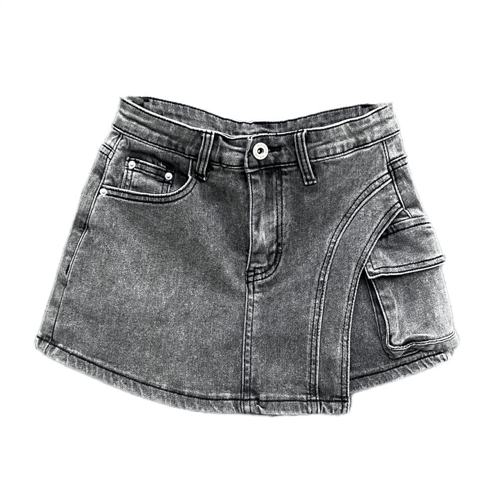 Denim Big Pockets Cargo High Waist Short A-line Mini Skirt