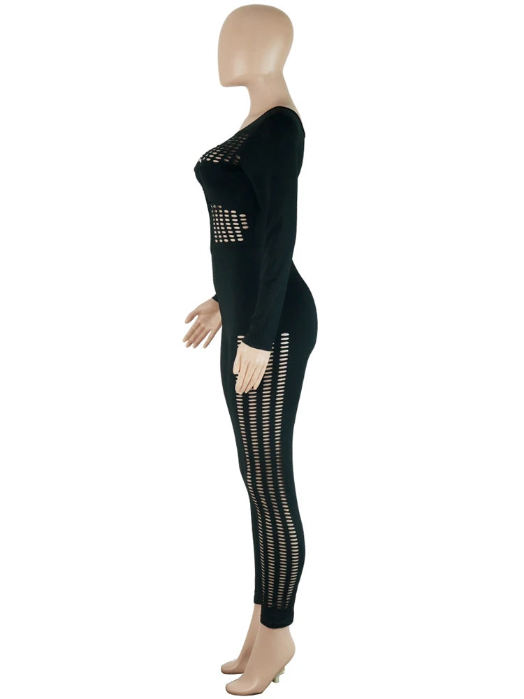 Long Sleeve O Neck Black Hollow Out Tight Jumpsuit