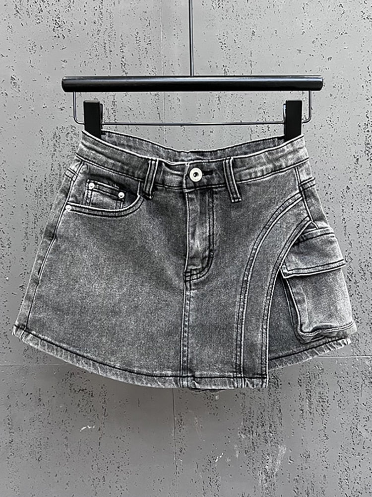 Denim Big Pockets Cargo High Waist Short A-line Mini Skirt