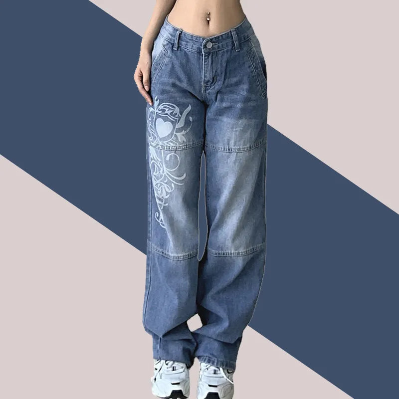 printed Cargo Jeans Y2K High Waist Streetwear Baggy Straight wide leg jeans