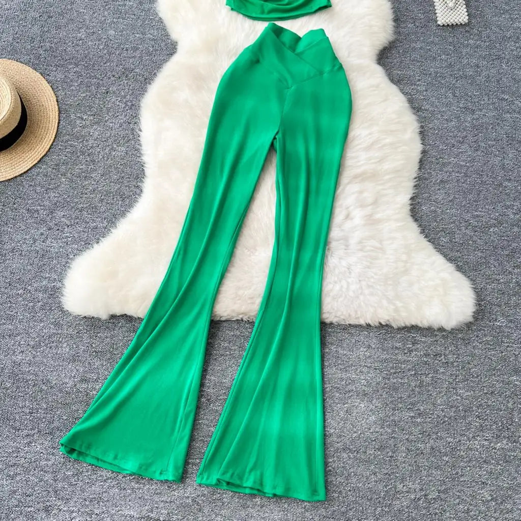 Two Pieces Sets Elegant Chic Skew Collar Pleated Tops + High Waist Flare Casual Pants  Outfits