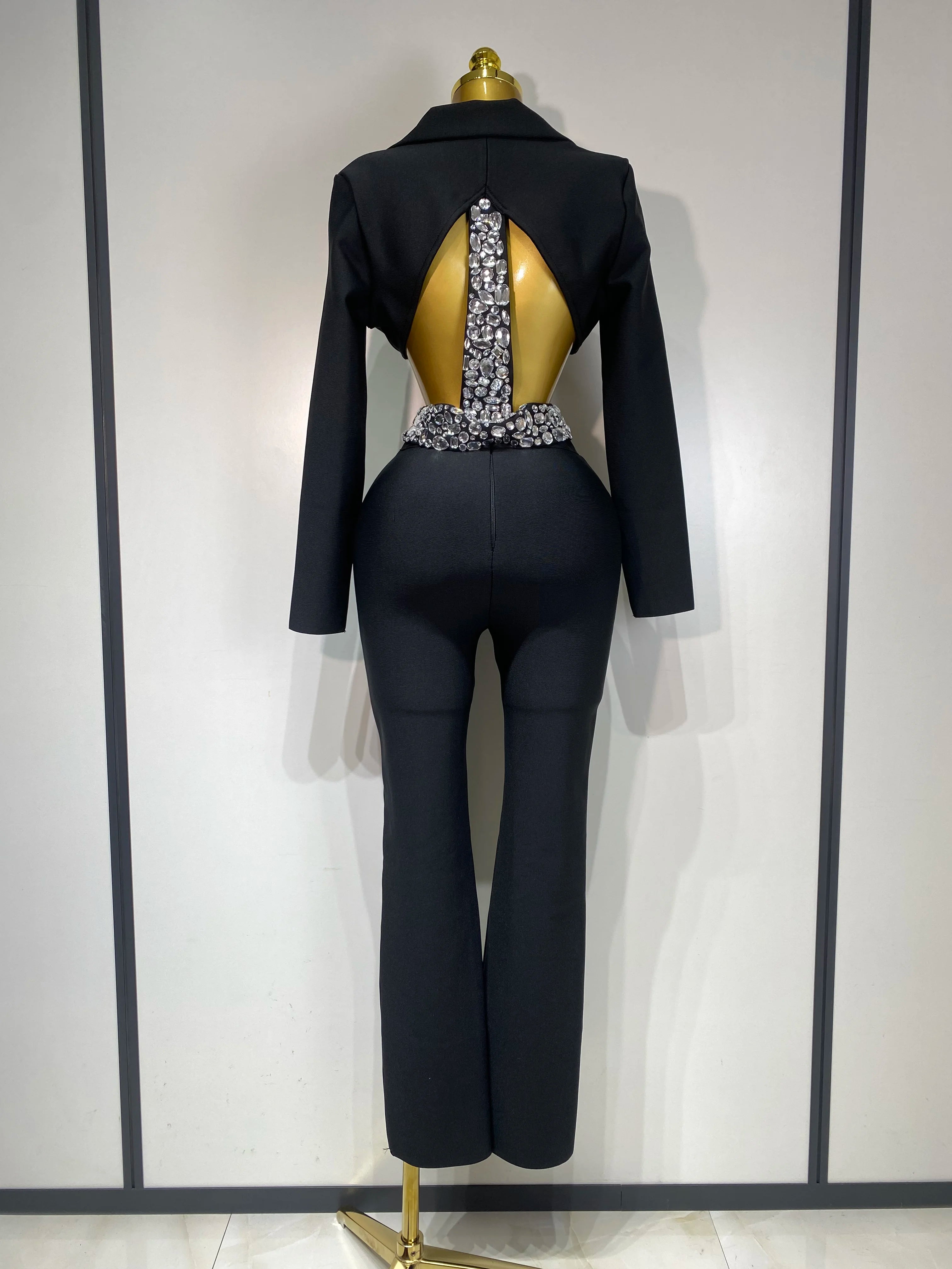 Luxury Two Piece Set Long Sleeve Beading Bodycon Top And Bandage Pants Set