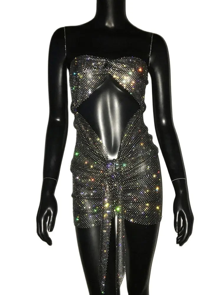 Shiny Rhinestone Backless Hollow Out See Through Party Dress