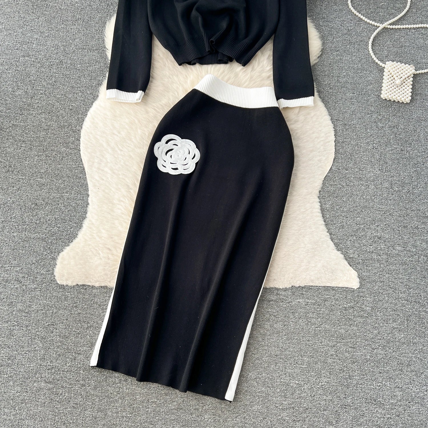 Long Sleeve Pullover Elastic Waist Long Skirt Sweater Suit