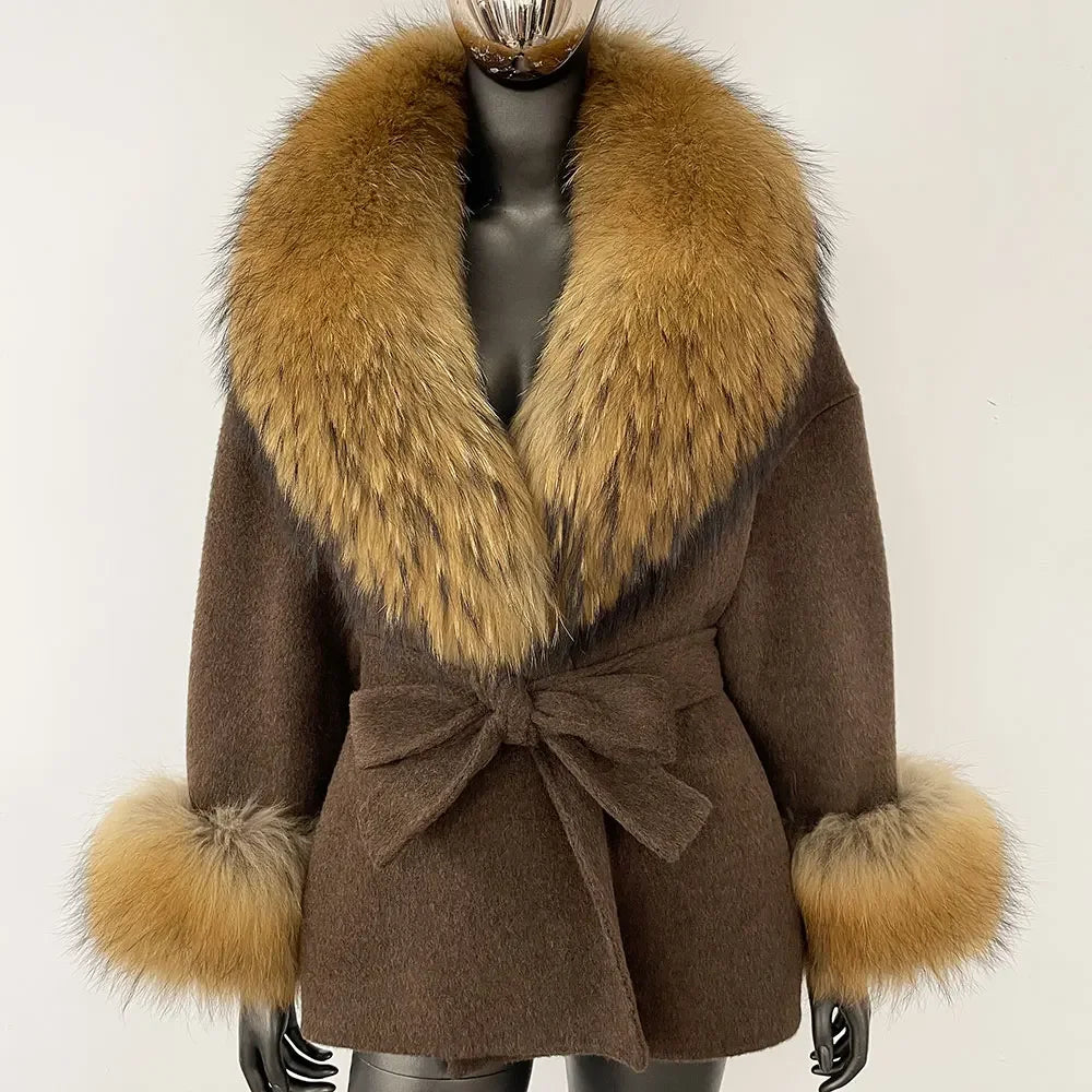 Winter Loose Outerwear Casual Natural Real Raccoon Fox Fur Blends Wool Coat