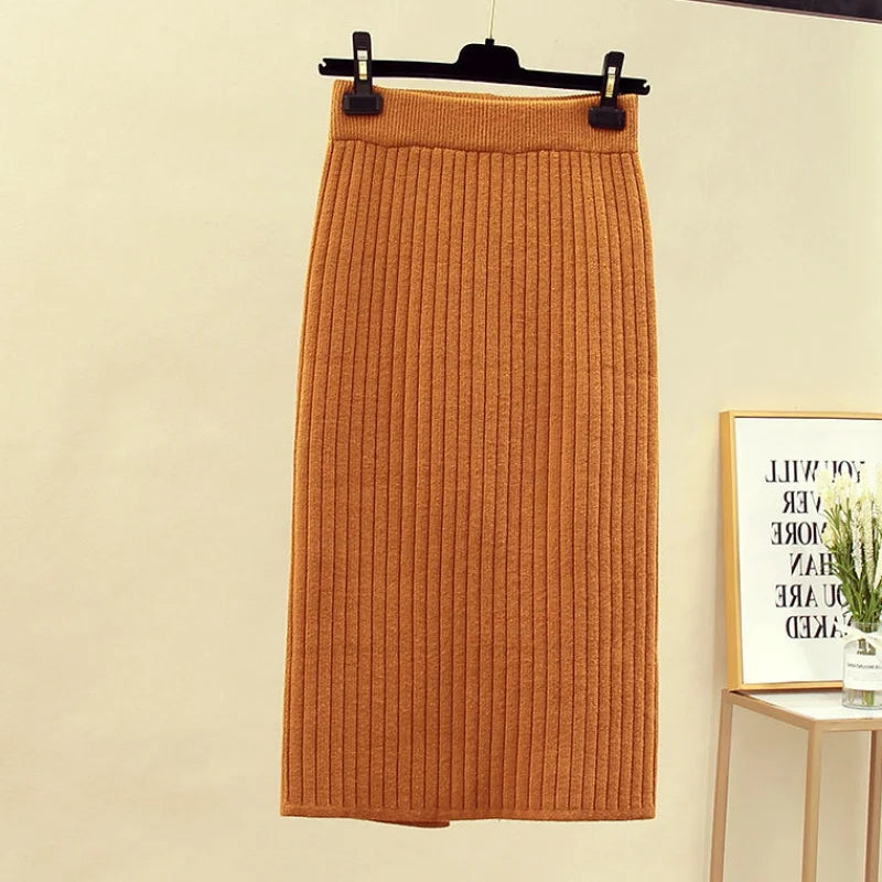 Stylish Knitted Slim Elastic High Waist Split Wrap Skirt Autumn Winter Skirts