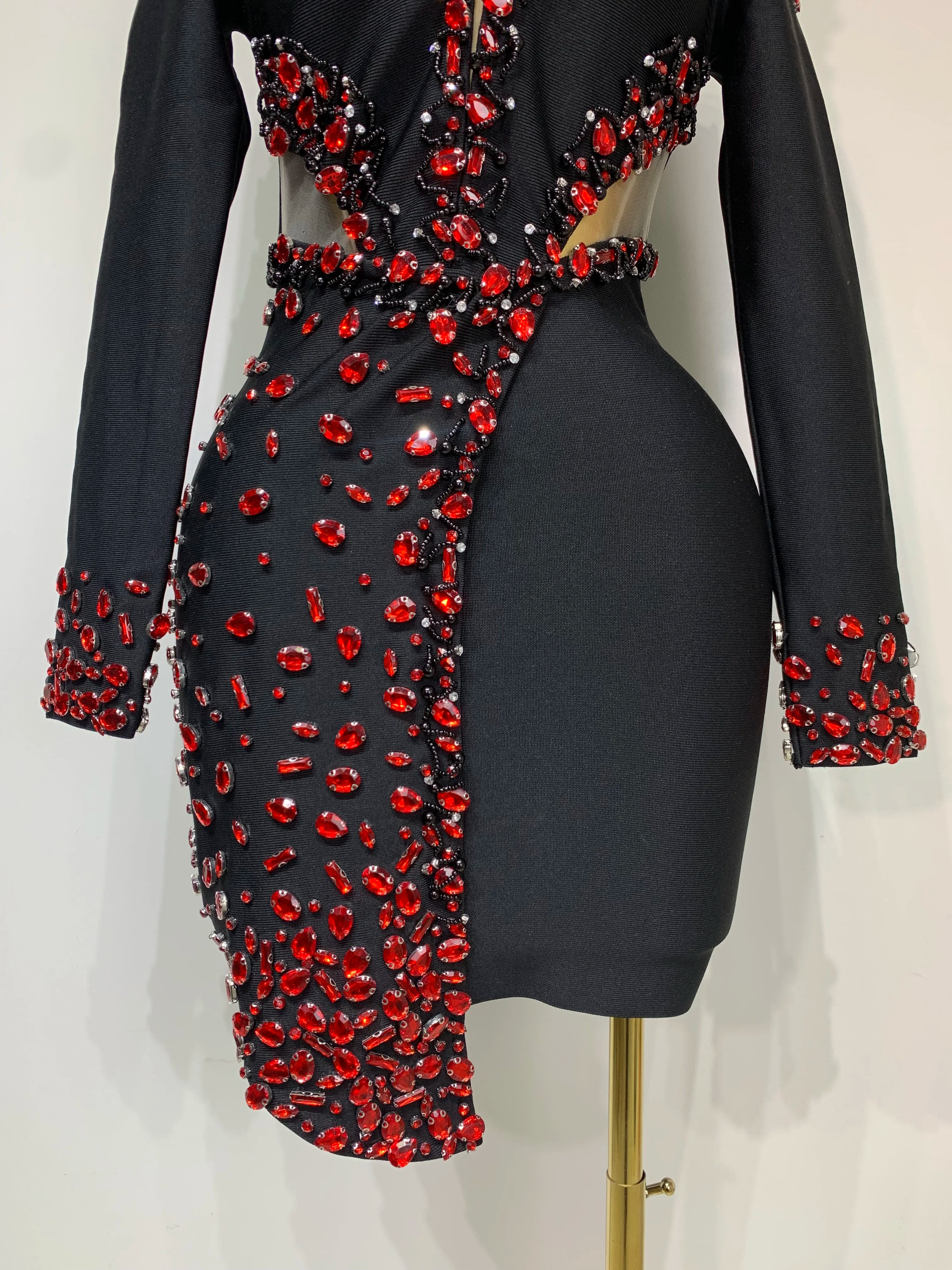 Luxury Long Sleeve V Neck Rhinestone Bandage Dress