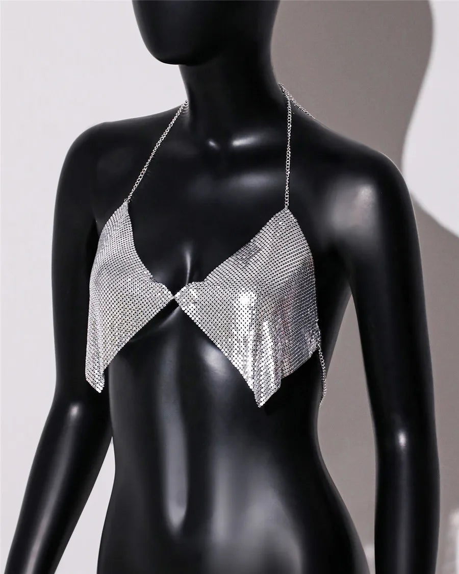 Metal Sequins Backless Halter Crop Top
