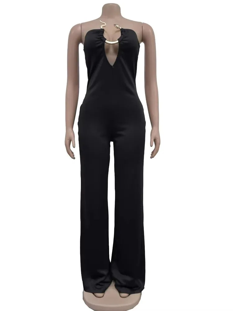 Strapless Hollow Out Off Shoulder Snake Metal Jumpsuits