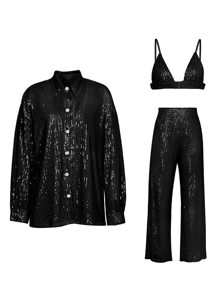 Sparkly Two-piece Set Sequin Top Blouse Shirt And Pants Suit