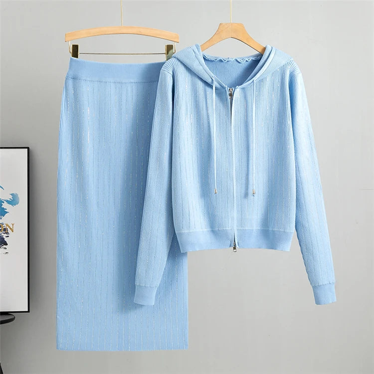 Knitted Cardigan High Waisted Wrapped  Skirt 2 Piece Set