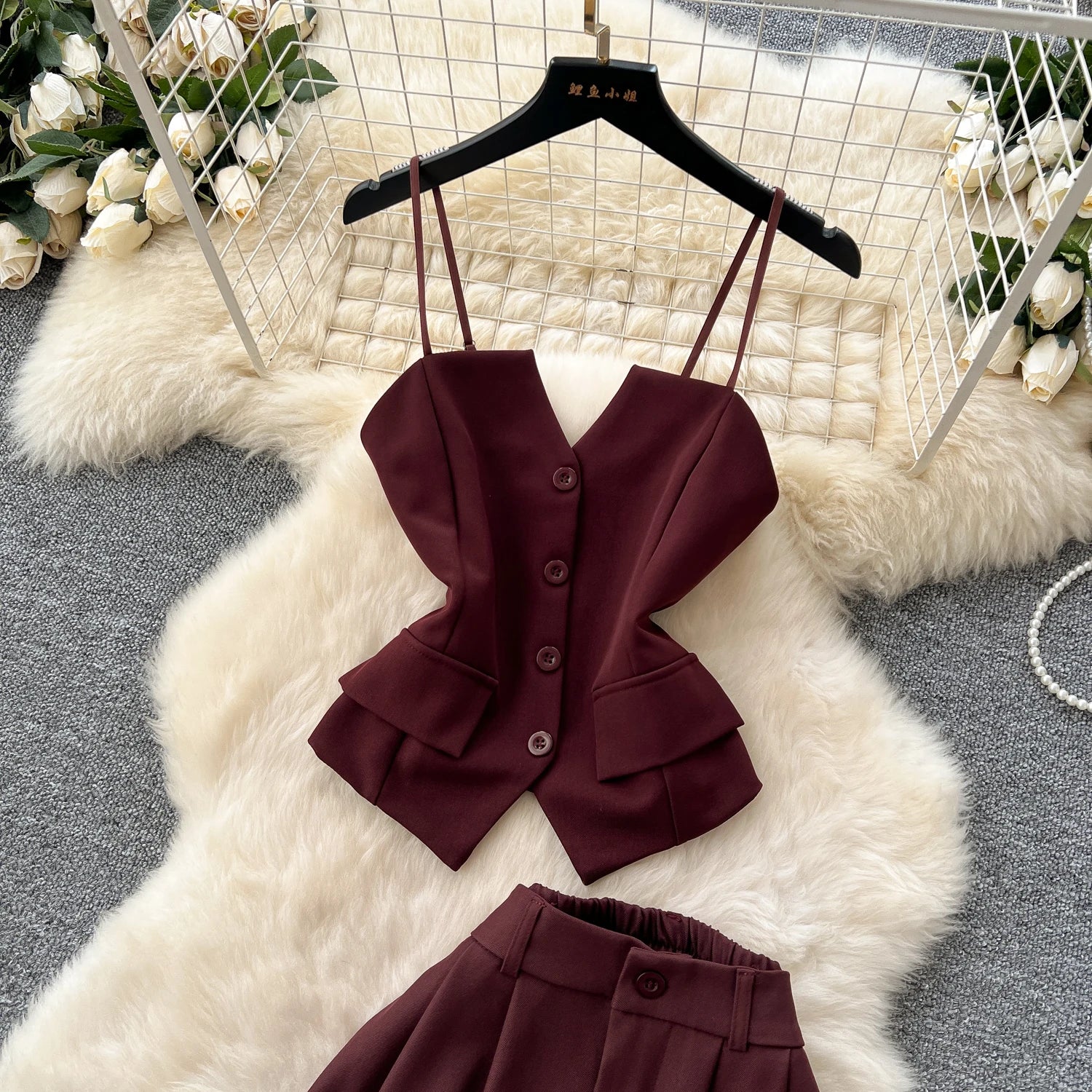Office Lady Suits Camisole+Wide Leg Zipper Pants Chic Two Piece Set