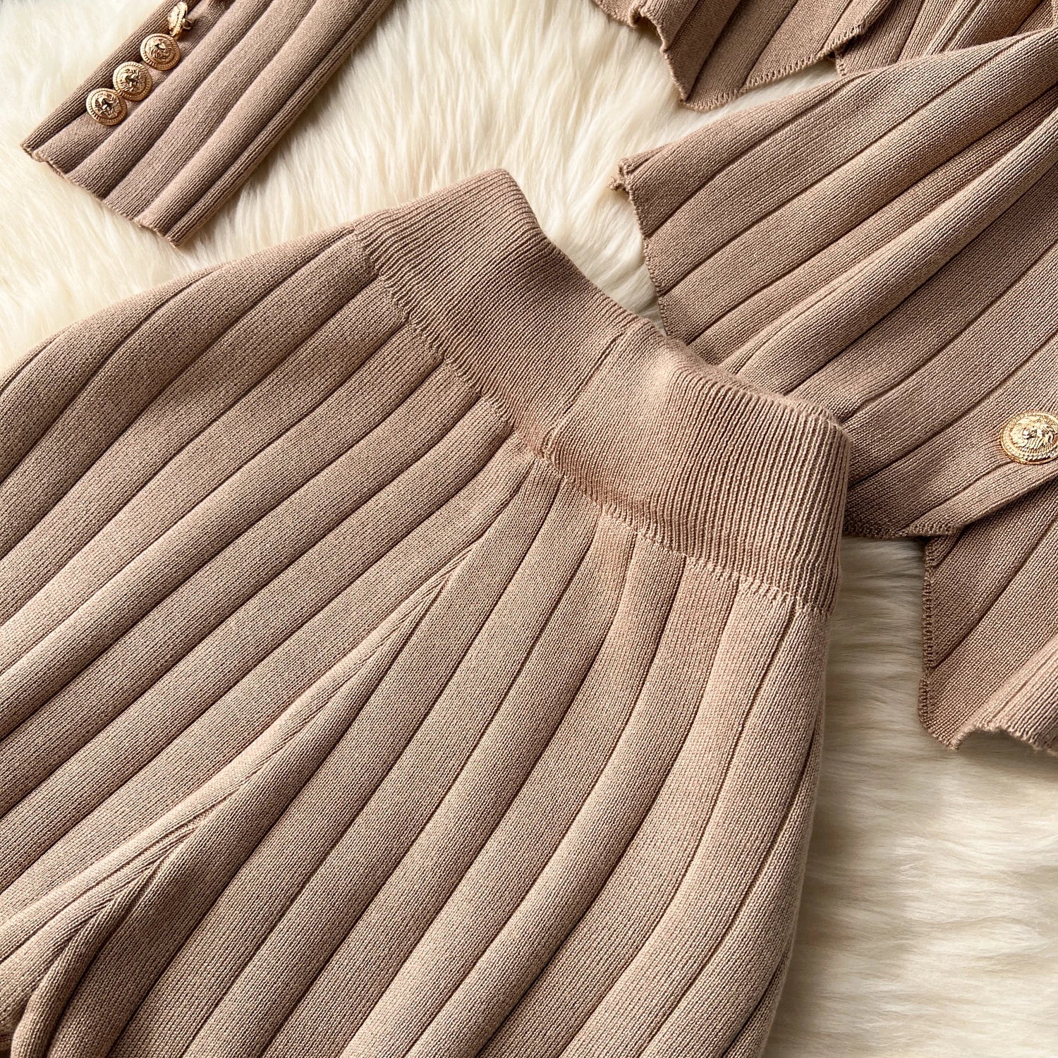 Knitted Metal Button Vest+V Neck Long Sleeves Cardigans+Wide Legs Pants Stripe Three Pieces Sets
