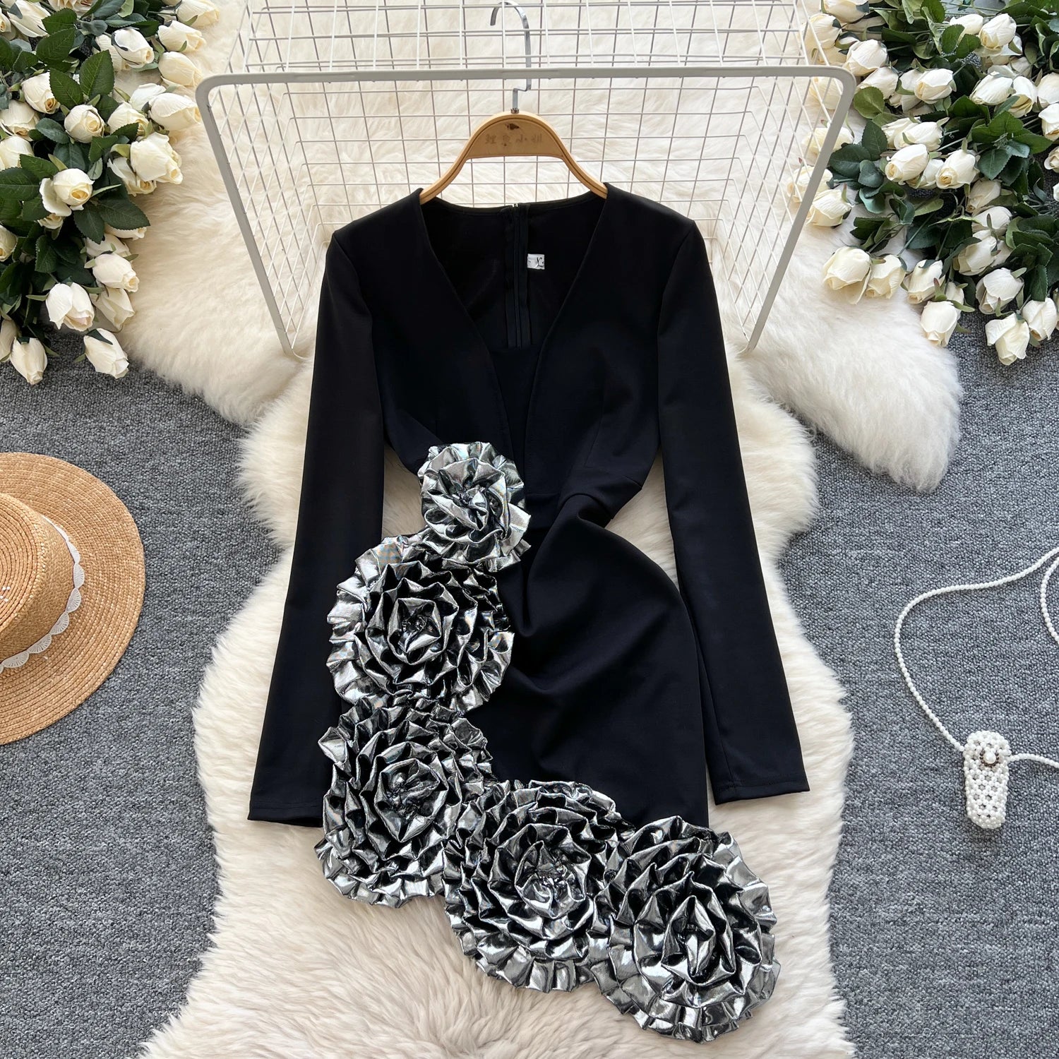 Elegant Three-dimensional floral asymmetrical long sleeve Dress
