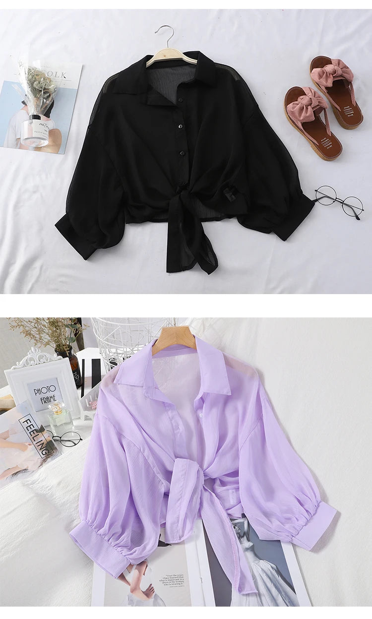 Casual Loose Hollow Elegant Solid Color Tied Waist Blouse