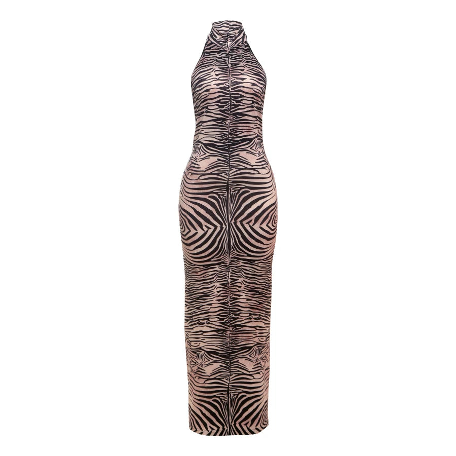 Tiger Stripes Y2K Tight Stretch Backless Split Sleeveless Dress