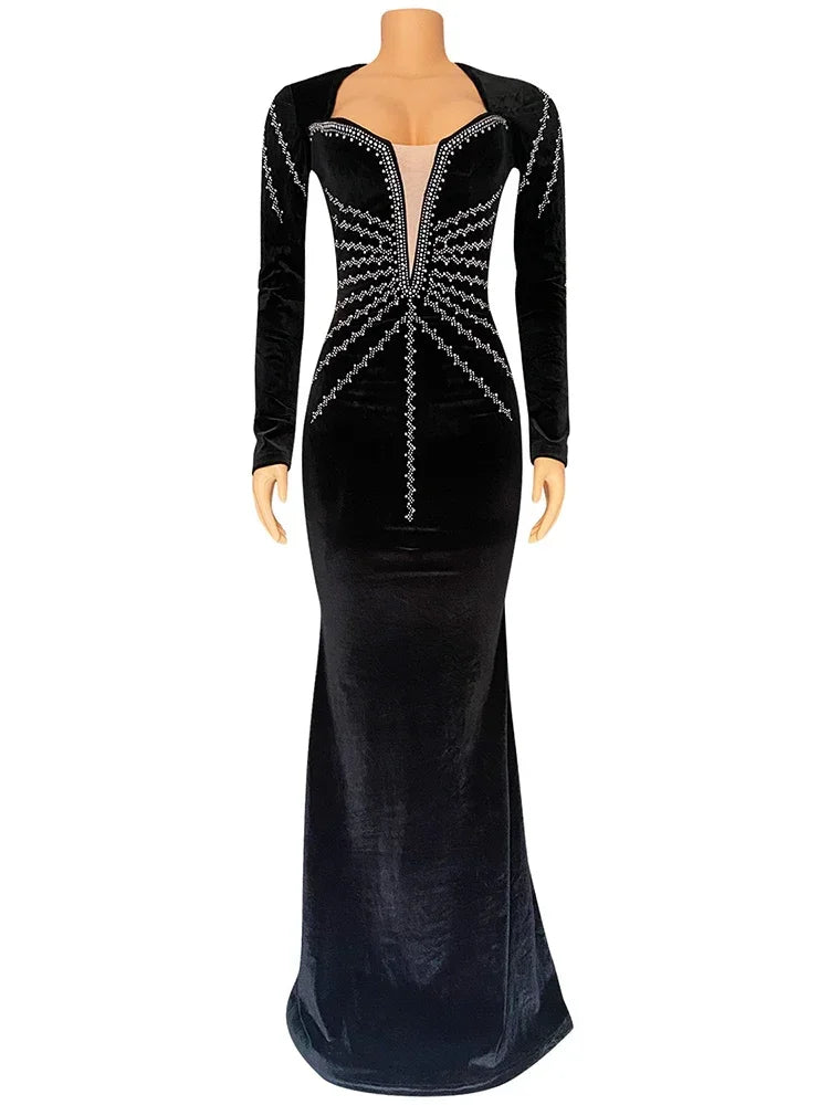 Elegant Diamonds Velvet Long Party Dress