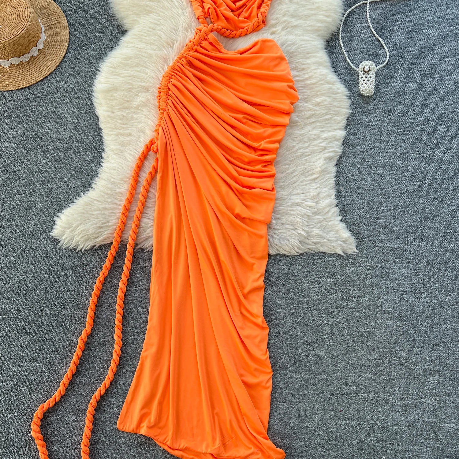Hollow Out Split Ruched Solid Maxi Sundress