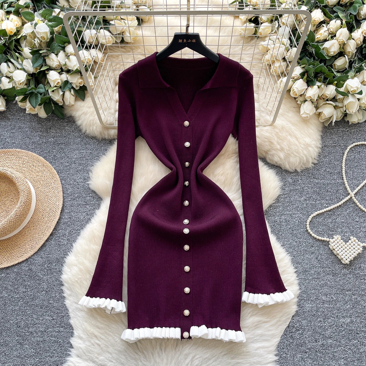 Chic vintage Spliced bodycon long sleeve Knit mini dress