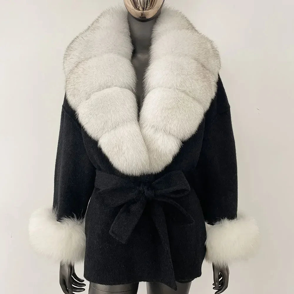 Winter Loose Outerwear Casual Natural Real Raccoon Fox Fur Blends Wool Coat