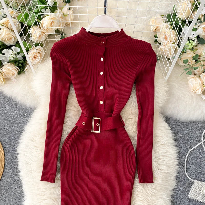 Elegant Casual Knit Belt O Neck Button Long Sleeve Solid Elastic Waist Slim Winter Sweater Dresses