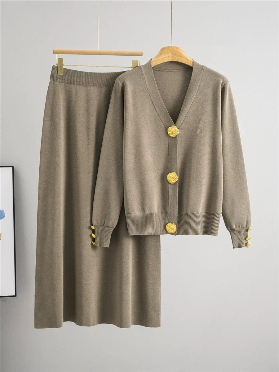 Elegant Slim Knitted 2 Piece Sets Sweater Tops High Waist Straight Pants Outfit