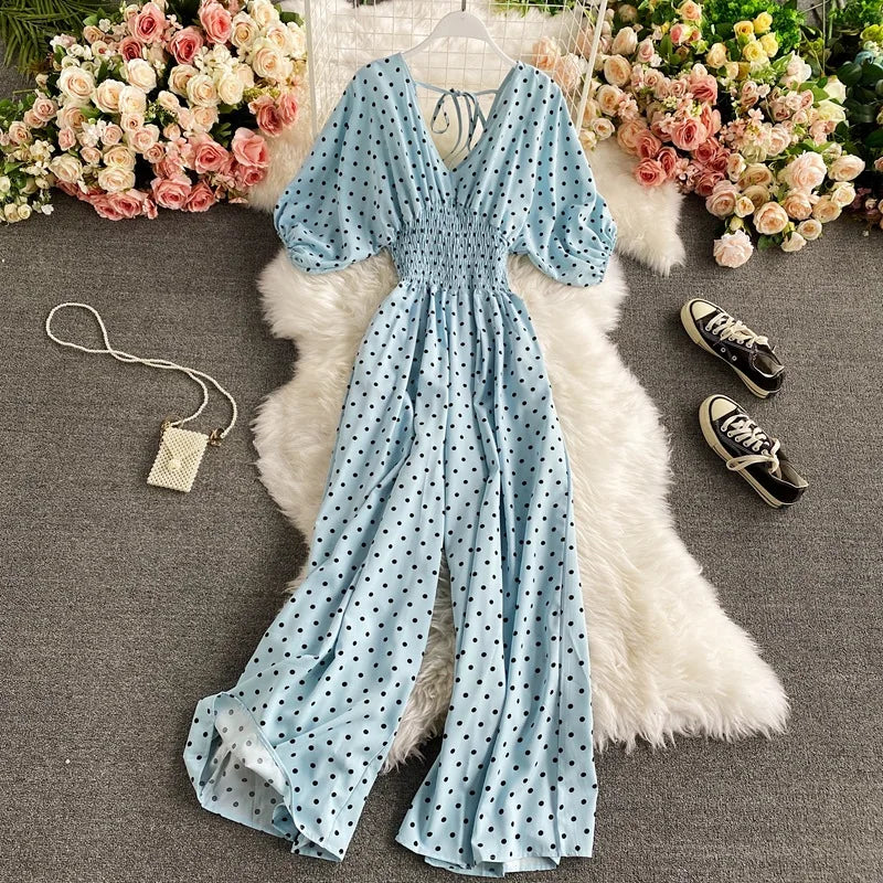 V Neck Dolman Sleeves Floral Print Wide Leg Jumpsuit