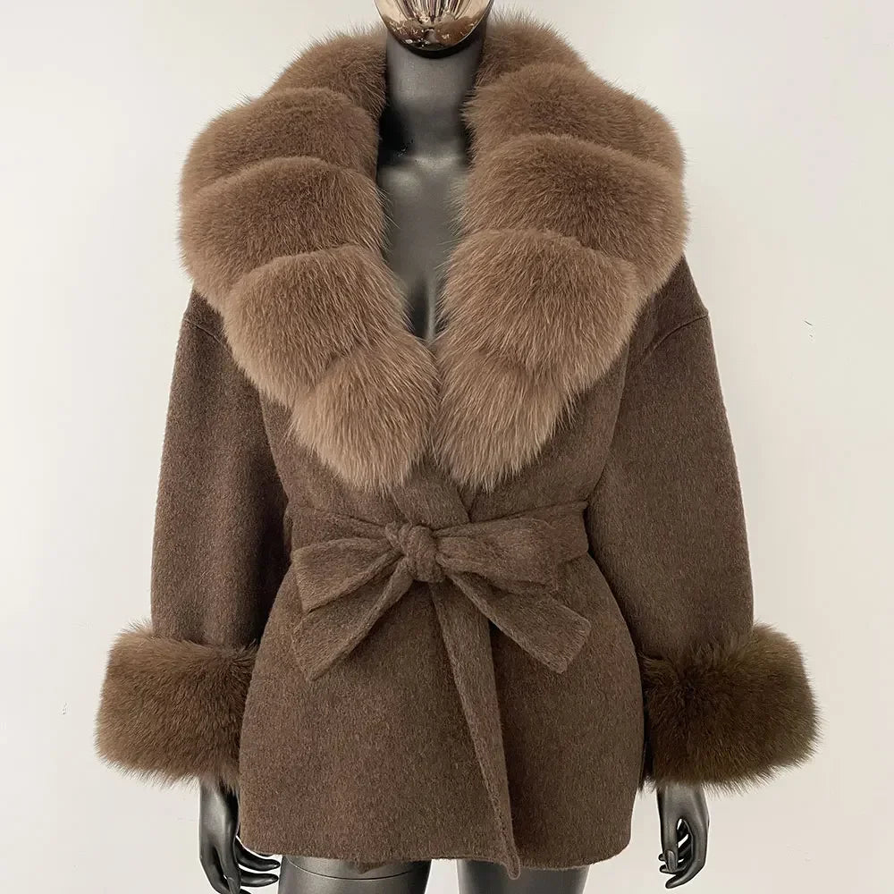Winter Loose Outerwear Casual Natural Real Raccoon Fox Fur Blends Wool Coat