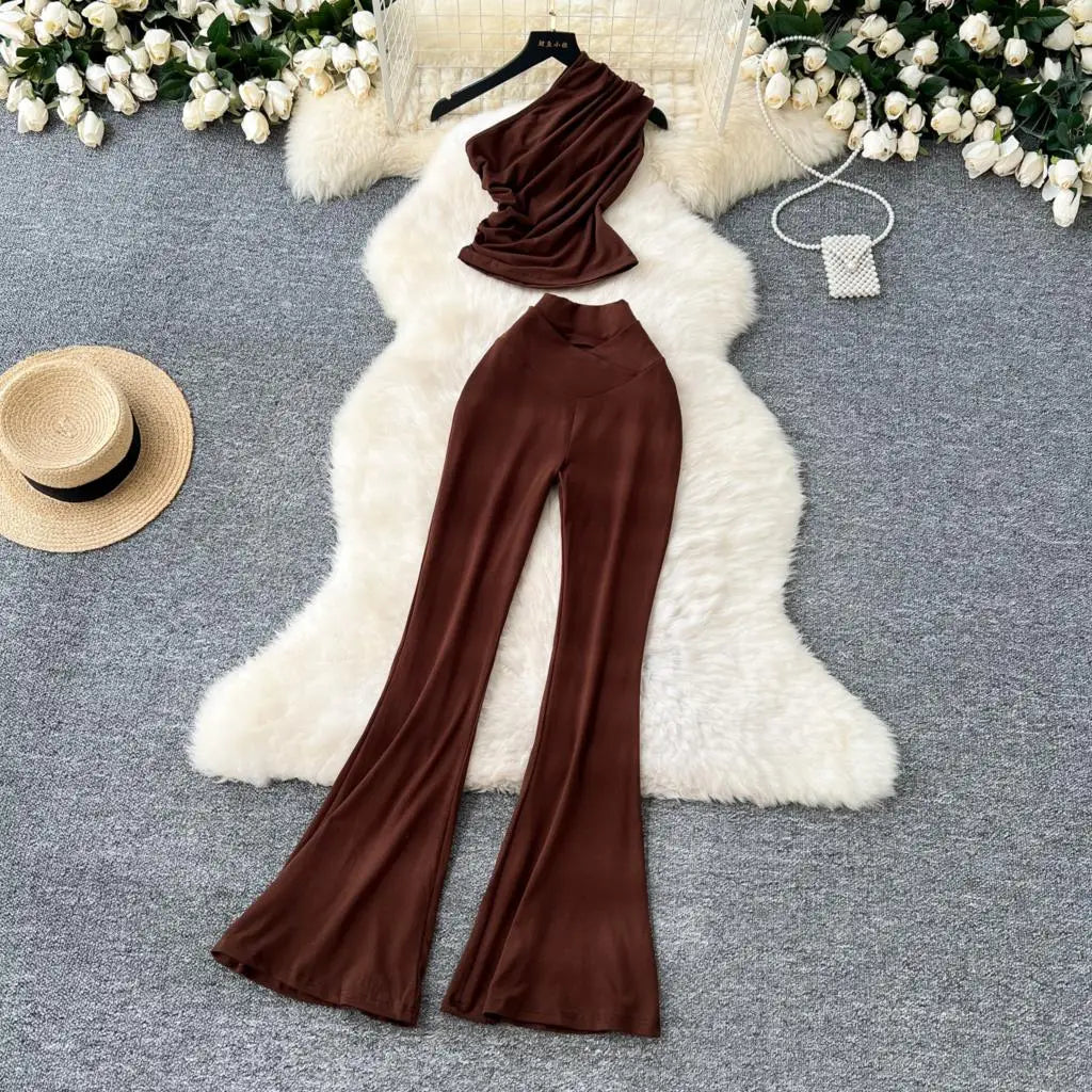 Two Pieces Sets Elegant Chic Skew Collar Pleated Tops + High Waist Flare Casual Pants  Outfits