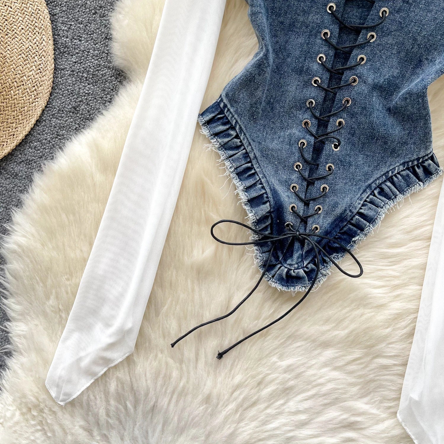 Retro Patchwork Long Sleeves Sheer Lace Up Denim Bodysuit