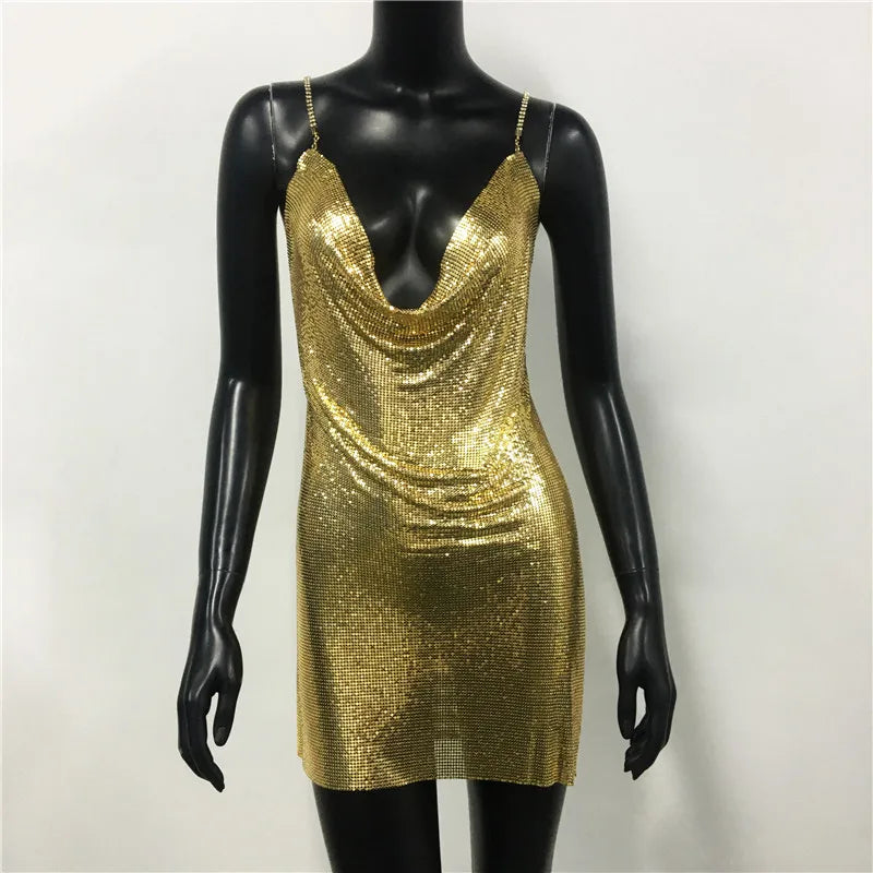 Backless Spaghetti Strap Metal Sequins Low Cut Dress