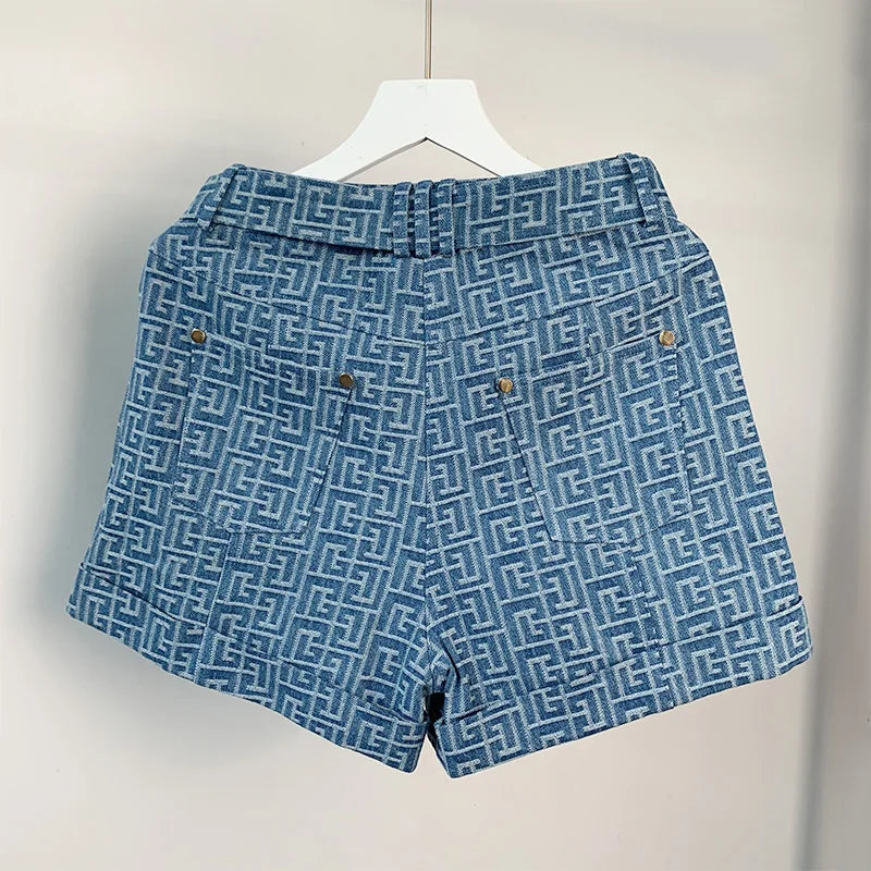 Matching 2 Pieces Washed Denim Jacquard Fabric Belt Blazer Shorts Pants Sets