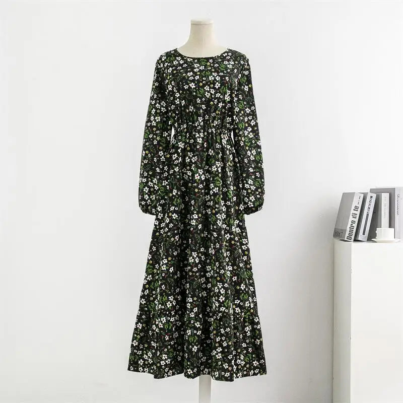 Spring Summer Chiffon Dresses Casual Floral Printed Bark Crinkling Long Dresses