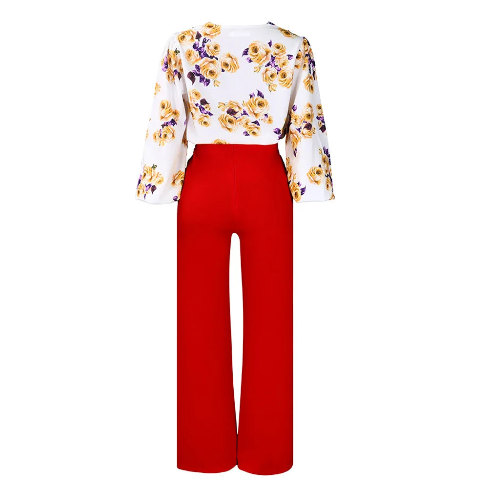 Two Piece Sets Slim Fit Print Floral Round Neck Lantern Sleeve Elegant Splice Wide Leg Long Pants